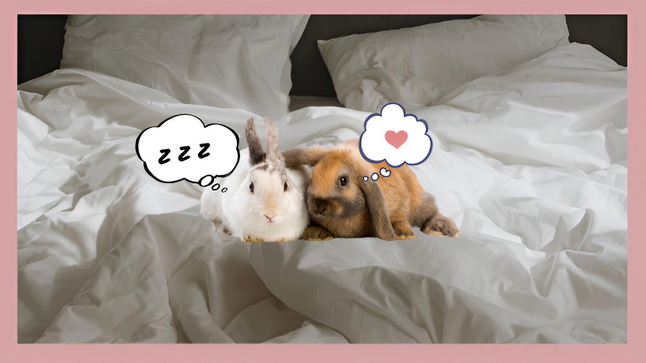Two cute bunnies are lying together on a bed; one is sleeping while the other looks at the other with love in its eyes.
